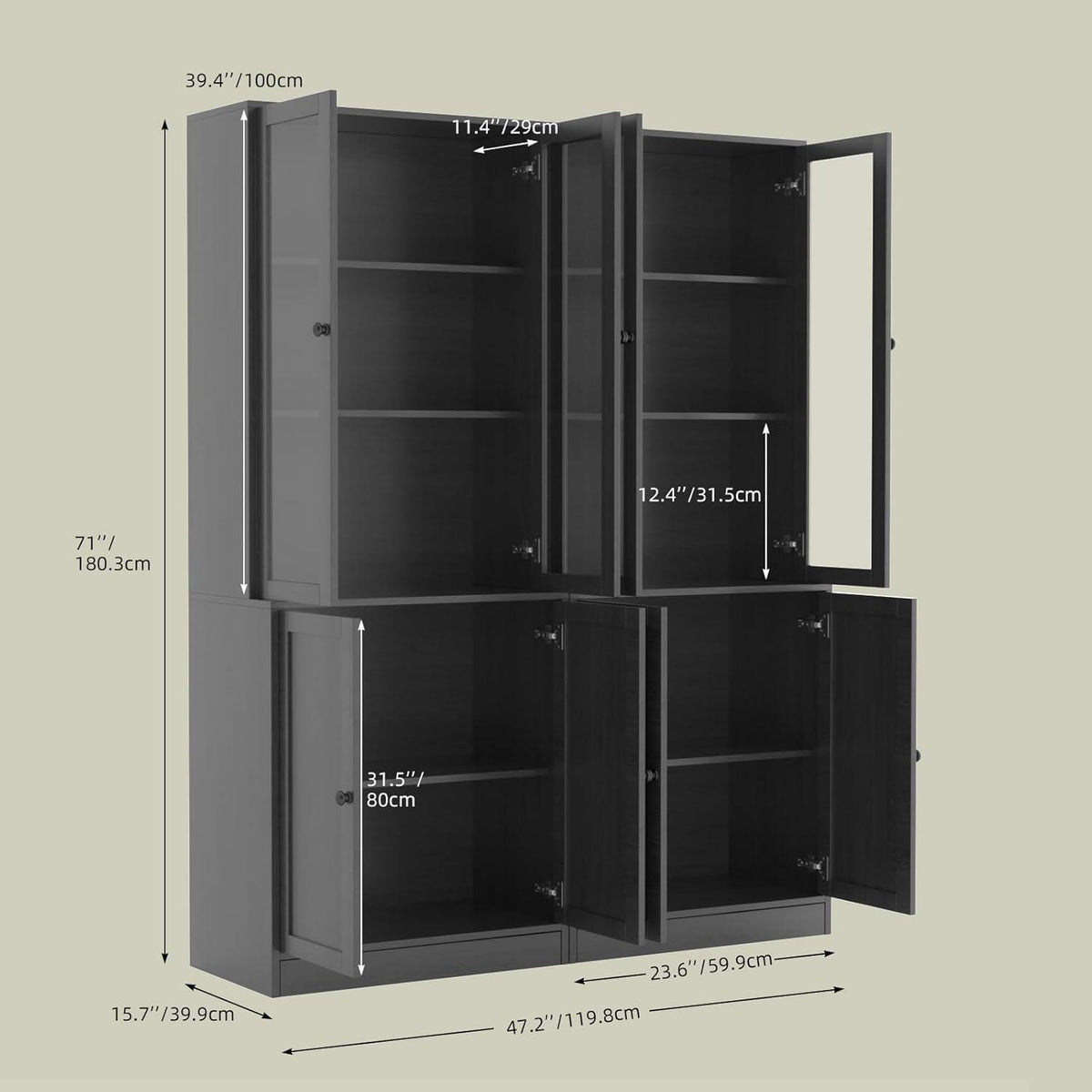 5-stöckiges Bücherregal mit Glastüren – 180cm Vitrine Schwarz
