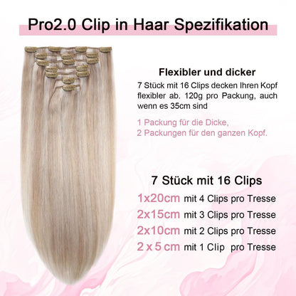 Clip-in Haarverlängerung Echthaar 50cm Aschblond Highlight #18p1000