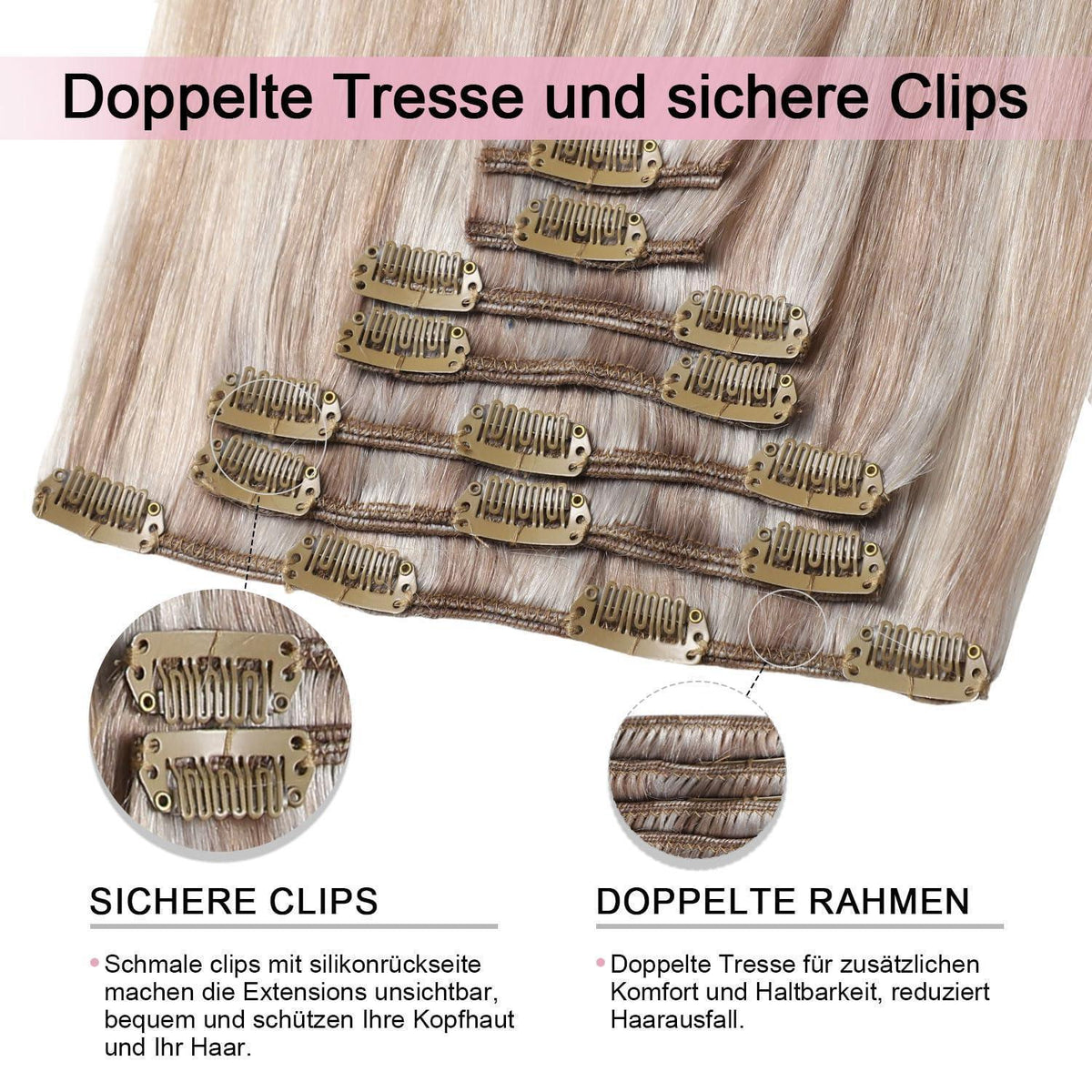 Clip-in Haarverlängerung Echthaar 50cm Aschblond Highlight #18p1000
