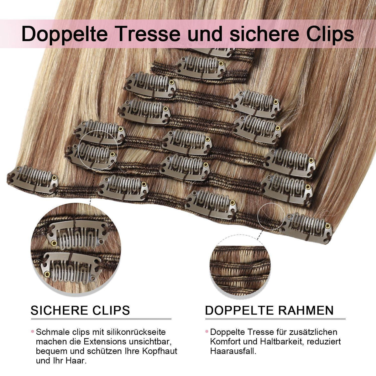 Echthaar Clip-in Extensions #10/16/16 Hellbraun mit Goldblond 45cm