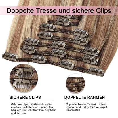 Echthaar Clip-in Extensions #10/16/16 Hellbraun mit Goldblond 45cm