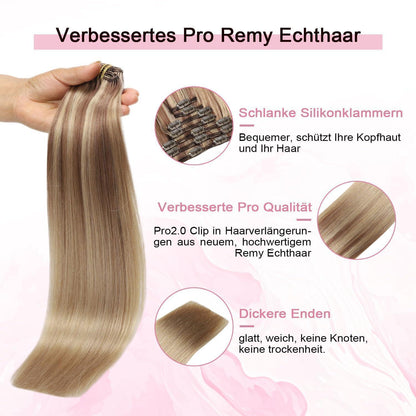 Echthaar Clip-in Extensions #10/16/16 Hellbraun mit Goldblond 45cm