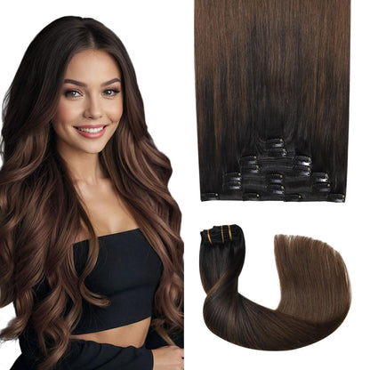 Clip-in Haarverlängerung Echthaar 55cm #1BT4 Schwarz Braun