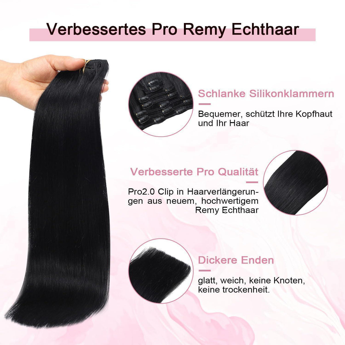 Remy Echthaar Clip-Ins #1 Tief Schwarz 40cm Haarverlängerung