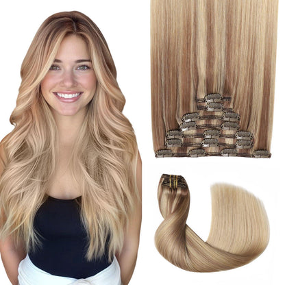 Clip-in Haarverlängerung Echthaar #10/16/16 Hellbraun mit Goldblond 35cm