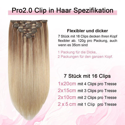 Clip-in Haarverlängerung Echthaar #10/16/16 Hellbraun mit Goldblond 35cm