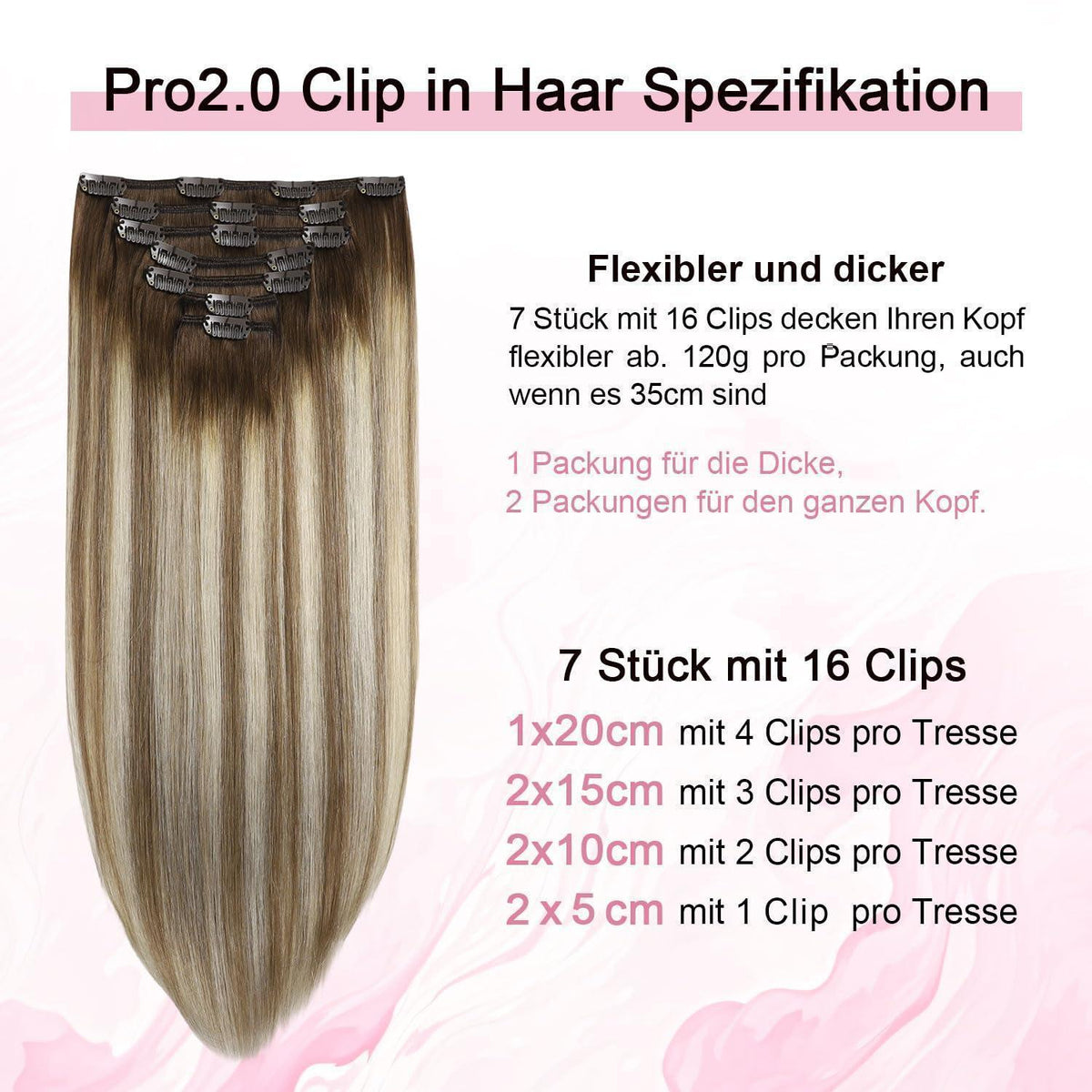Clip-in Haarverlängerung Echthaar 55cm #3/8/22 Braun-Blond