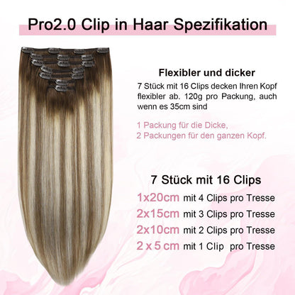 Clip-in Haarverlängerung Echthaar 55cm #3/8/22 Braun-Blond