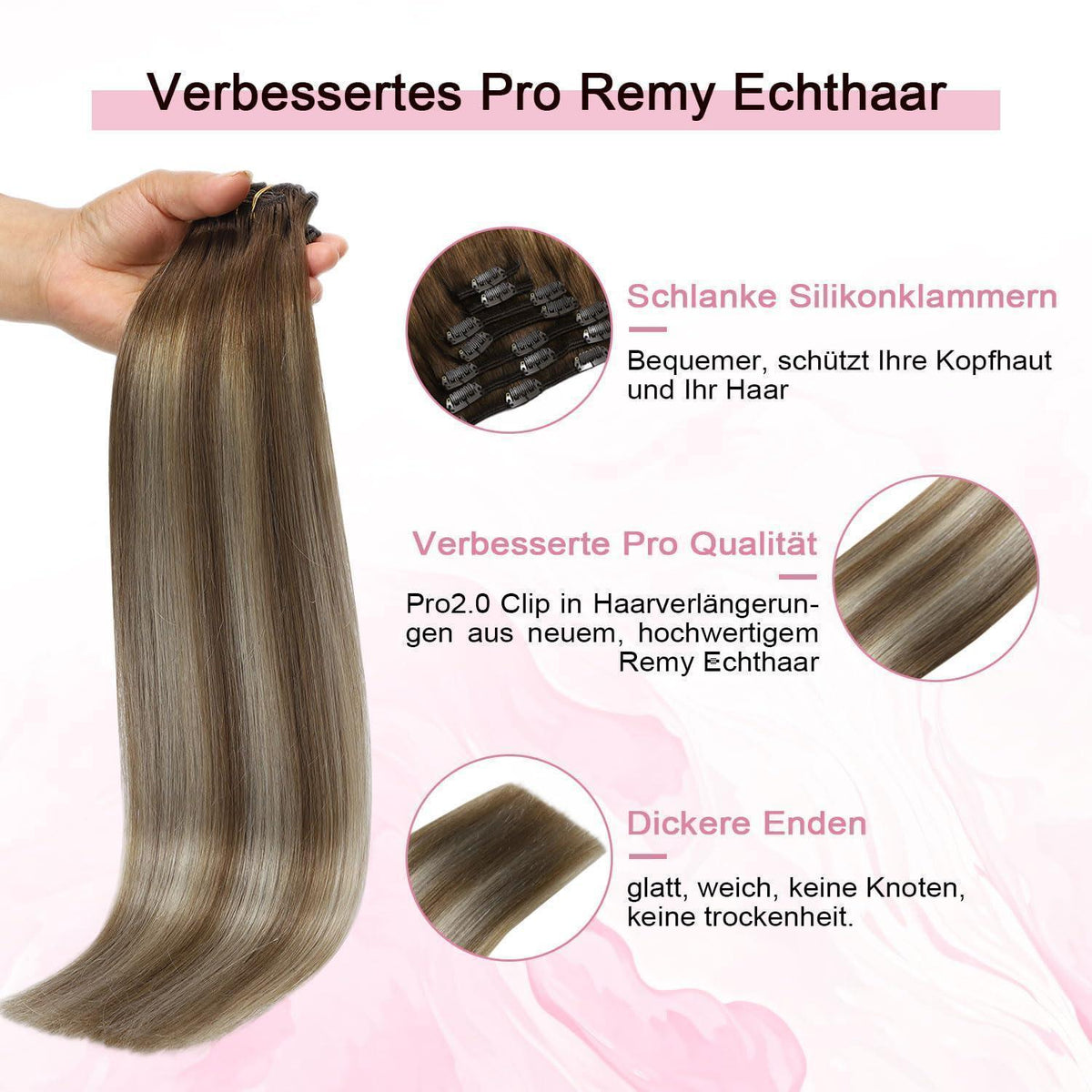 Clip-in Haarverlängerung Echthaar 55cm #3/8/22 Braun-Blond