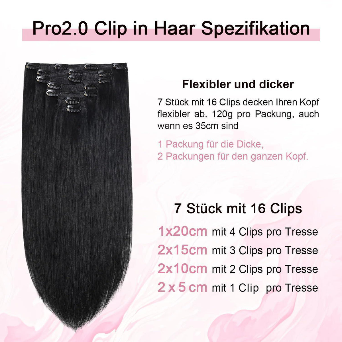 Clip-in Haarverlängerung Echthaar 50cm #1 Tief Schwarz