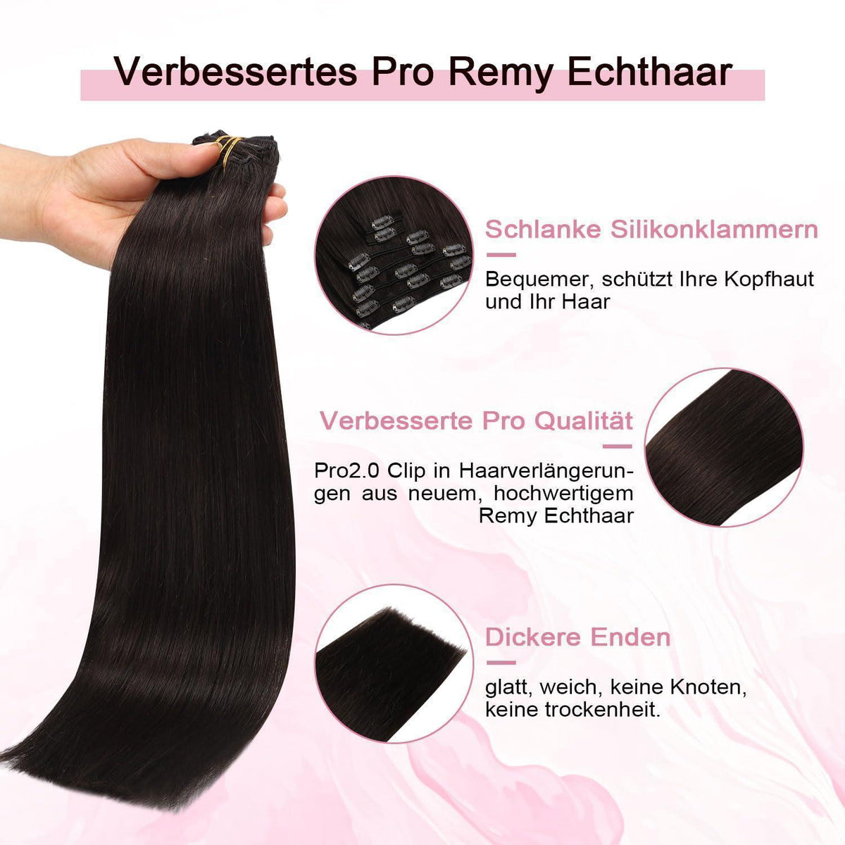 Remy Echthaar Clip-Ins #2 Dunkelbraun 40cm – 7-tlg.
