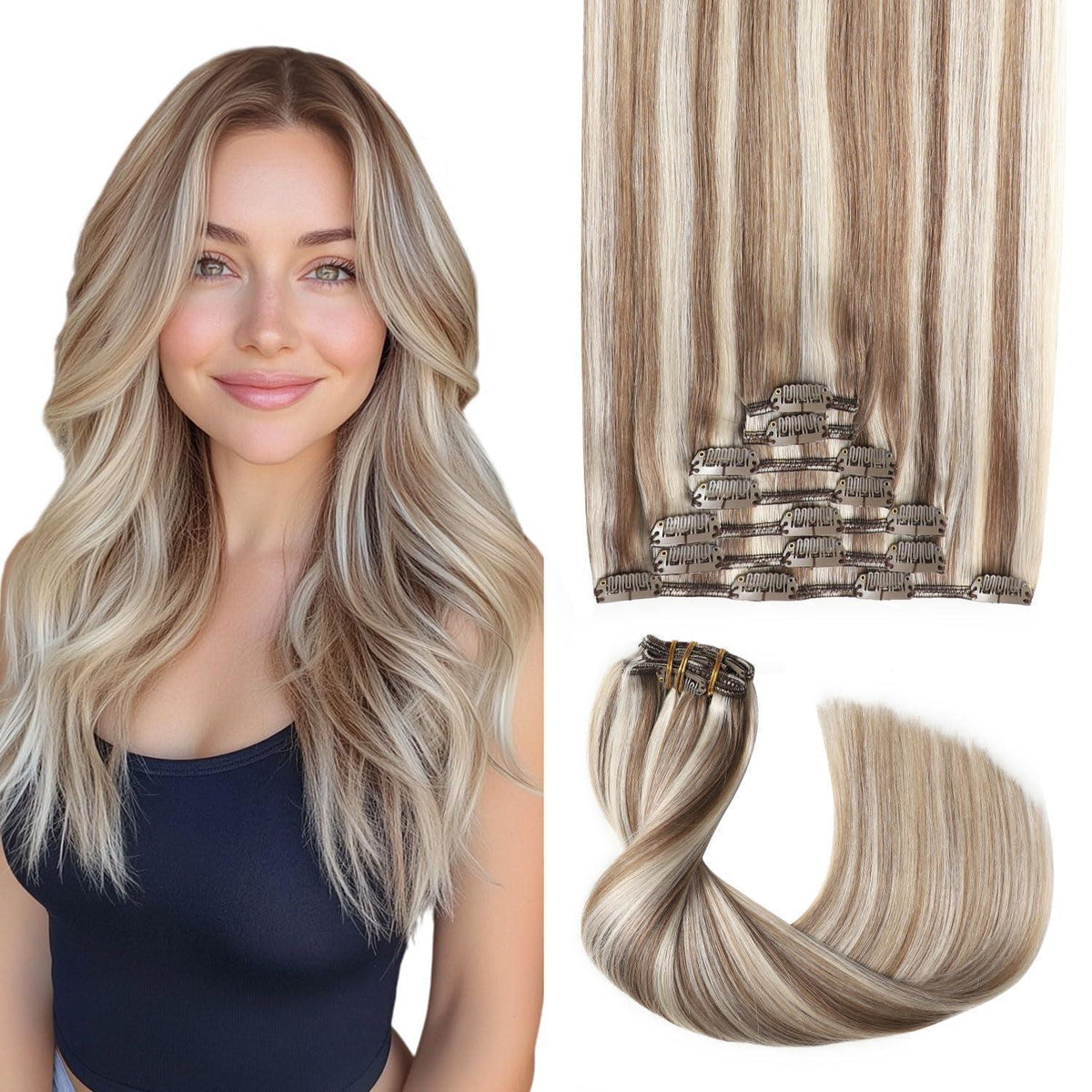 Clip-in Haarverlängerung Echthaar #8p60 Hellbraun mit Platinblond 35cm