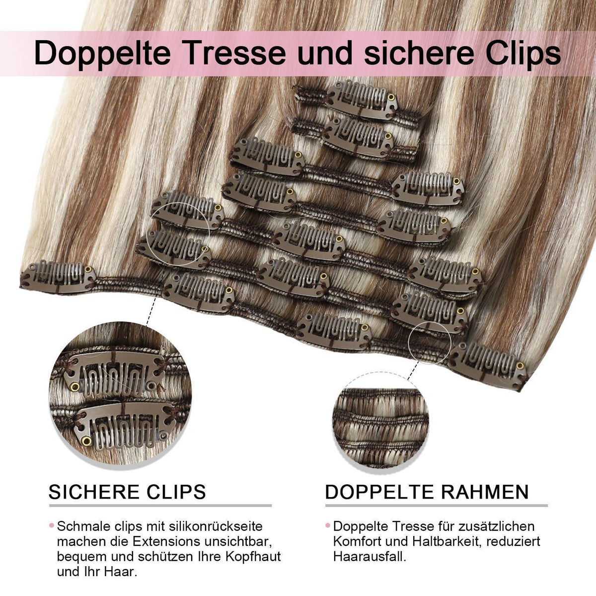 Clip-in Haarverlängerung Echthaar #8p60 Hellbraun mit Platinblond 35cm