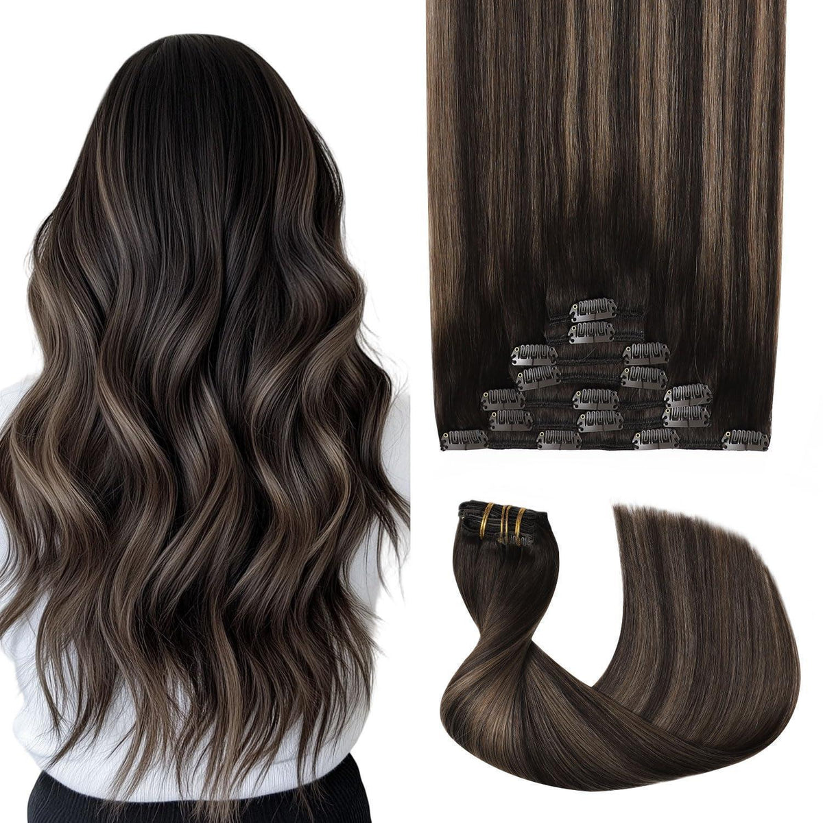 Clip-in Haarverlängerung Echthaar Dunkelbraun-Mittelbraun 55cm