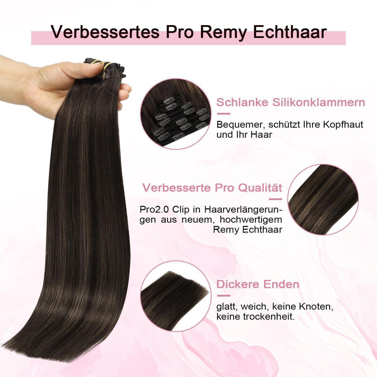 Clip-in Haarverlängerung Echthaar Dunkelbraun-Mittelbraun 55cm