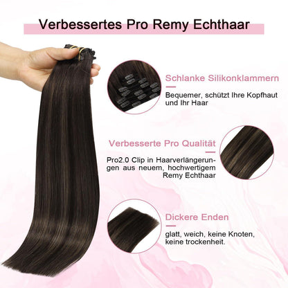 Clip-in Haarverlängerung Echthaar Dunkelbraun-Mittelbraun 55cm