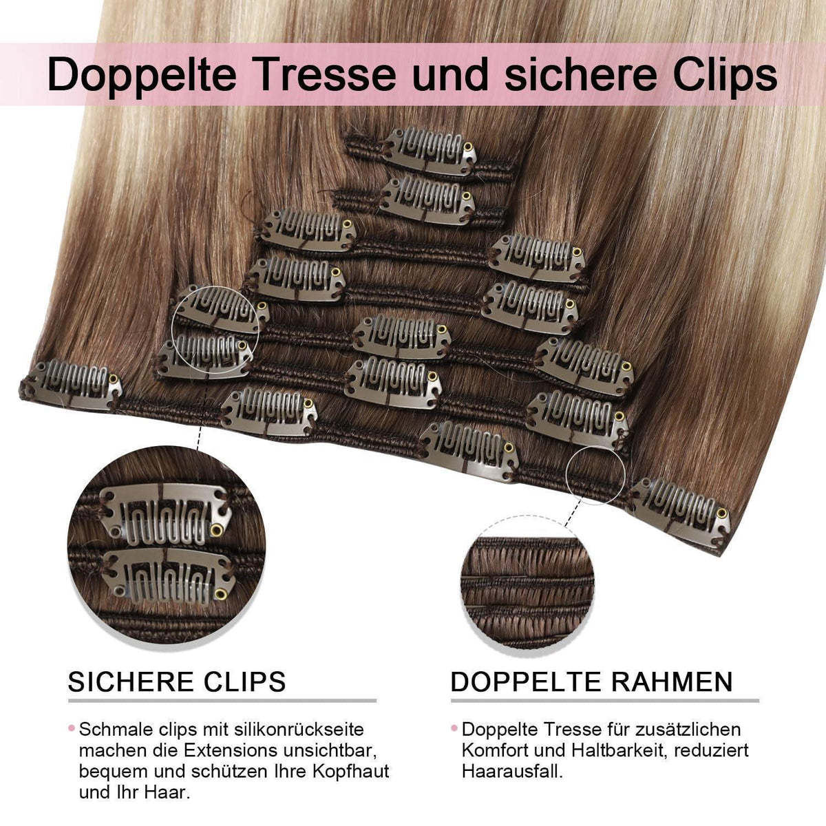 Echthaar Clip-in Extensions Ombre Braun-Blond 45cm