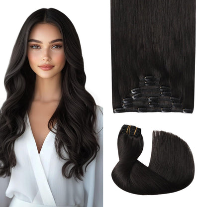 Clip-in Haarverlängerung Echthaar 50cm #1B Schwarz