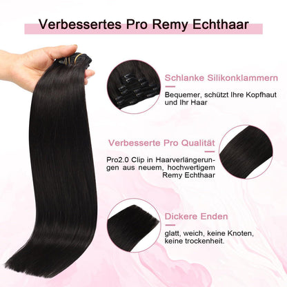 Clip-in Haarverlängerung Echthaar 50cm #1B Schwarz