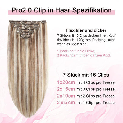 Clip-in Haarverlängerung Echthaar 55cm #8p60 Hellbraun