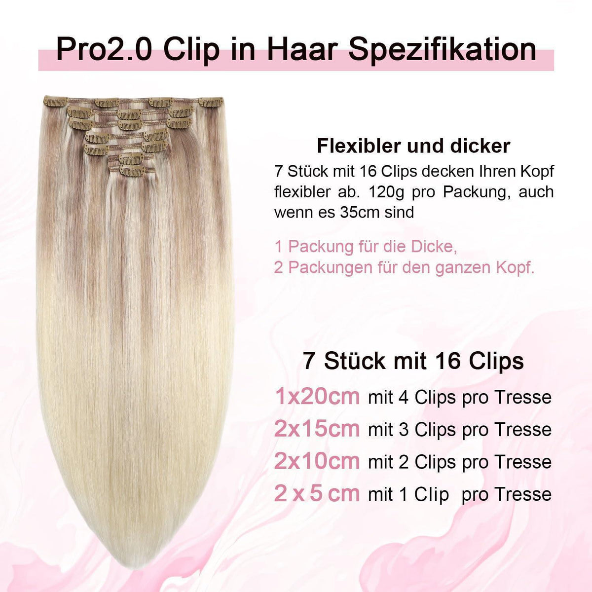 Remy Echthaar Clip-Ins #18/22/60 – Aschblond bis Platinblond, 40cm