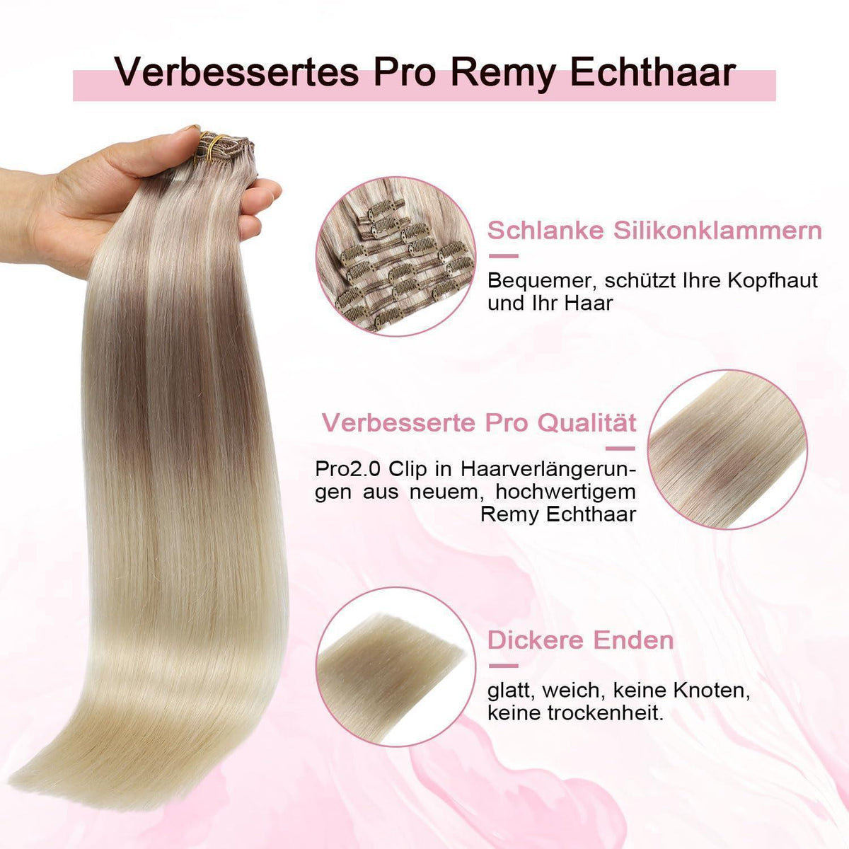 Remy Echthaar Clip-Ins #18/22/60 – Aschblond bis Platinblond, 40cm