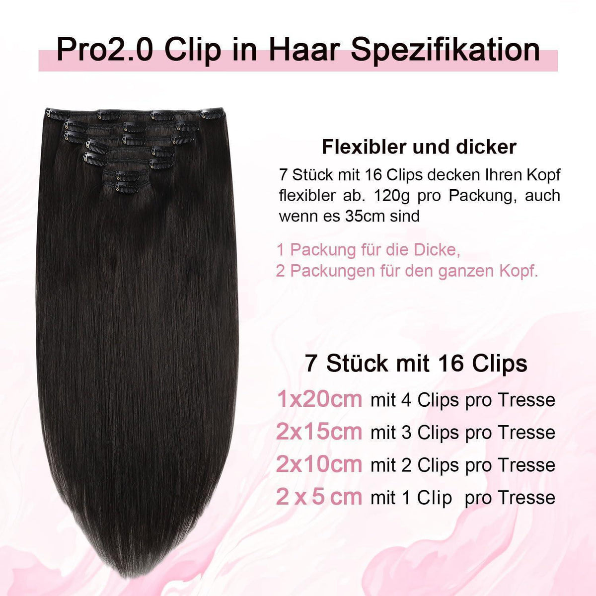 Remy Echthaar Clip-Ins #1B Schwarz 40cm – 7-tlg. Haarverlängerung