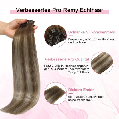 Remy Echthaar Clip-Ins #3/8/22 – Walnuss Braun bis Hellblond, 40cm