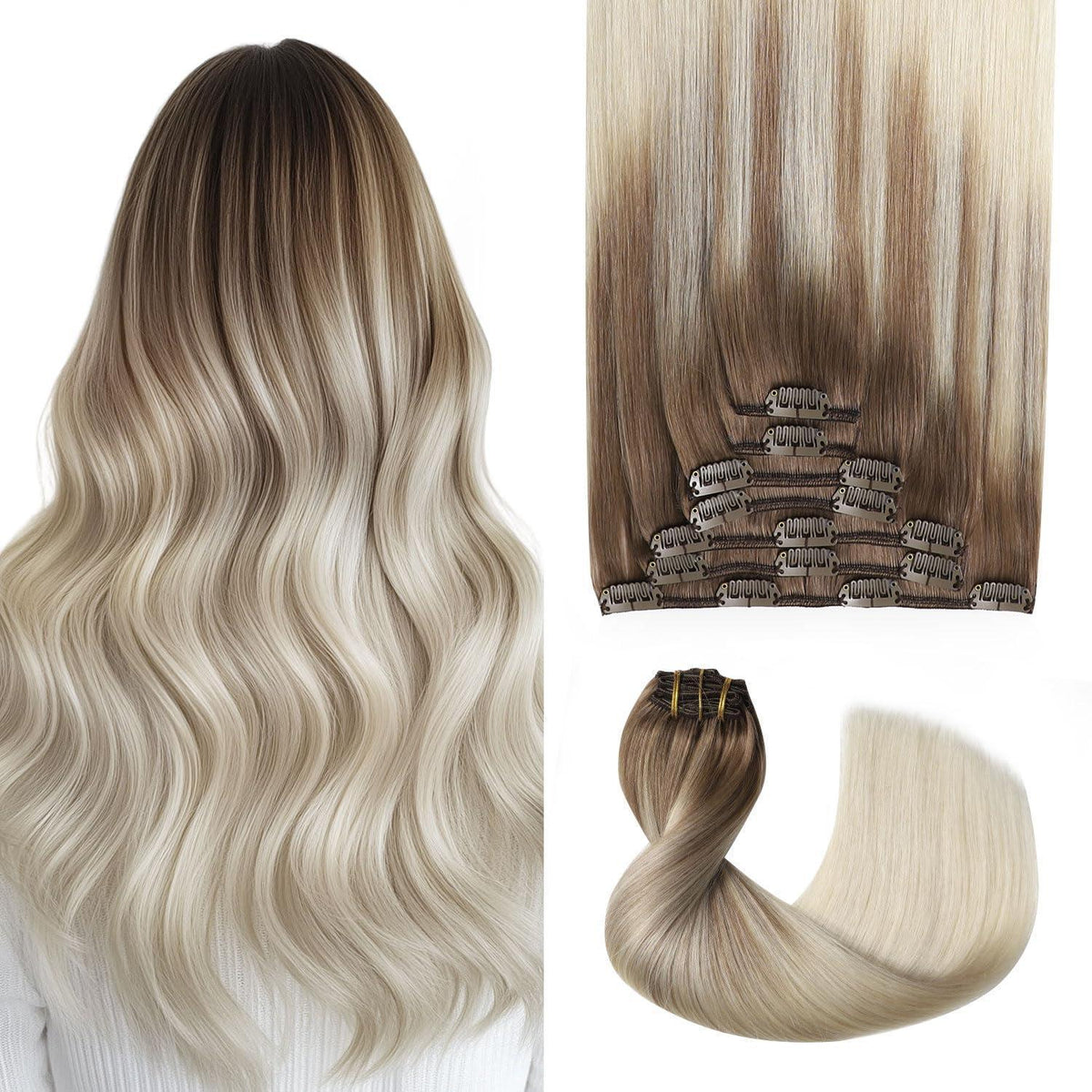 Clip-in Haarverlängerung Echthaar 55cm #8/60 Hellbraun-Blond