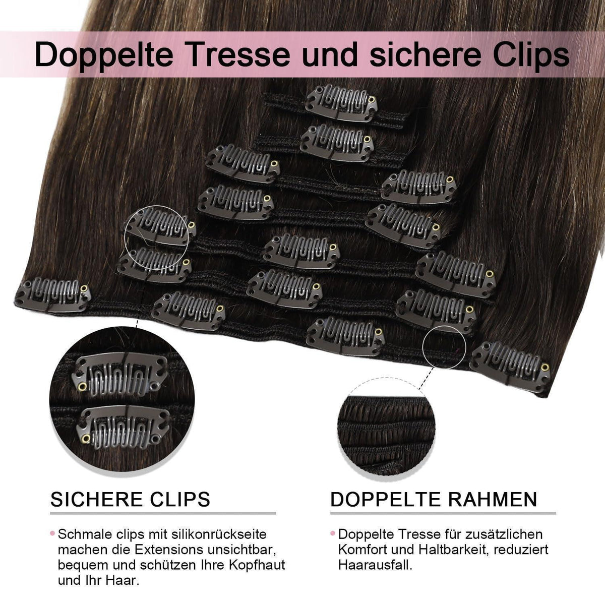 Clip-in Haarverlängerung Echthaar Dunkelbraun #2/6/2 (50cm)
