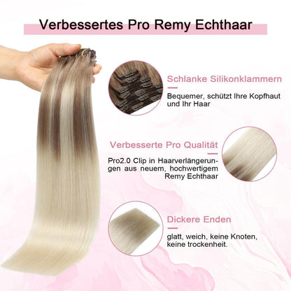 Remy Echthaar Clip-Ins #8/60 Hellbraun-Platinblond 40cm