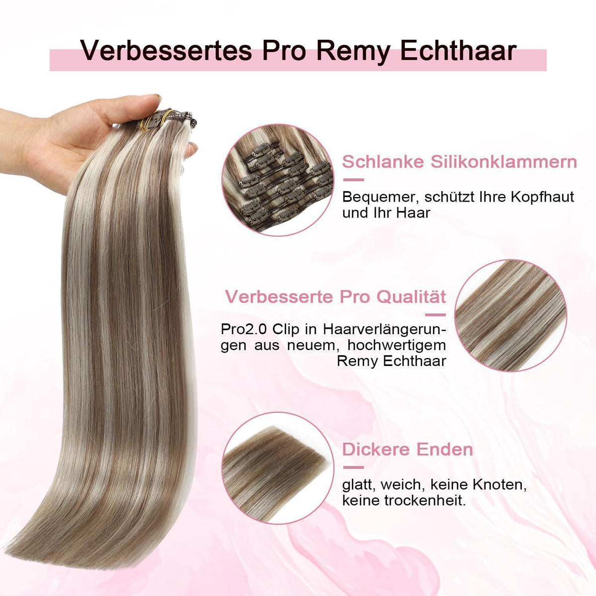 Clip-in Haarverlängerung Echthaar 50cm #8p60 Hellbraun Blond