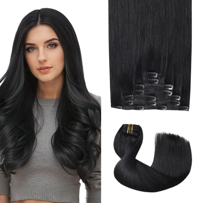 Clip-in Haarverlängerung Echthaar, 55cm, #1 Tief Schwarz