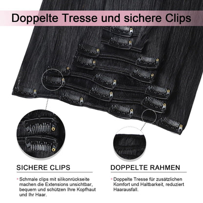 Clip-in Haarverlängerung Echthaar, 55cm, #1 Tief Schwarz