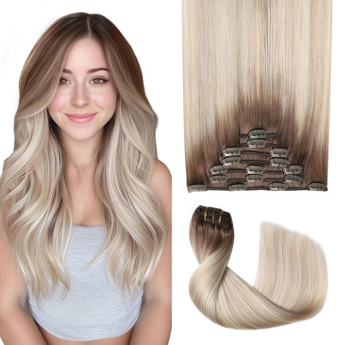 Clip-in Haarverlängerung Echthaar Ombre Braun-Blond 35cm