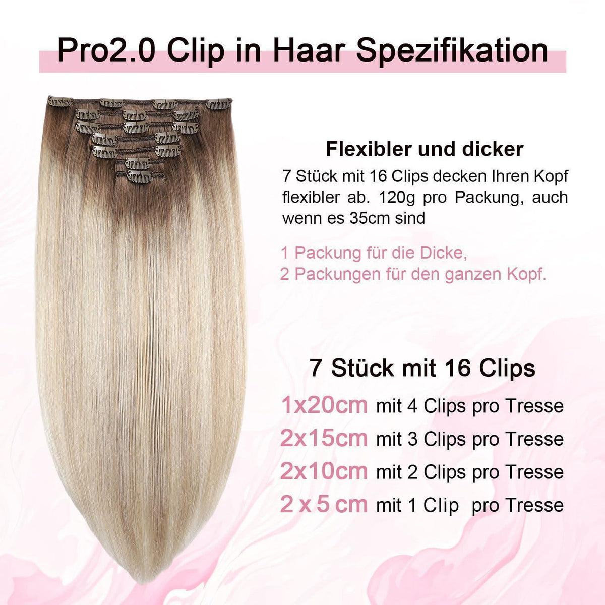 Clip-in Haarverlängerung Echthaar Ombre Braun-Blond 35cm