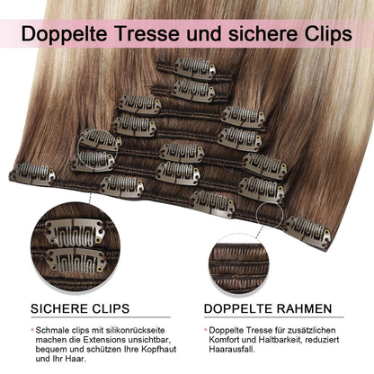 Clip-in Haarverlängerung Echthaar Ombre Braun-Blond 35cm