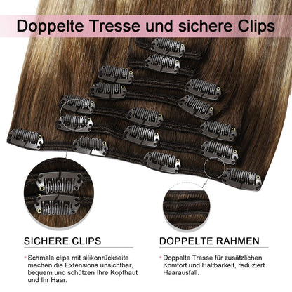 Clip-in Haarverlängerung Echthaar 35cm #3/8/22 Walnuss Braun