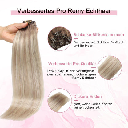Clip-in Haarverlängerung Ombre Braun-Blond 55cm Echthaar