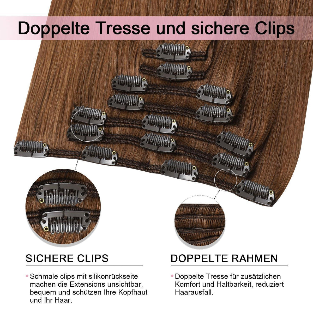 Clip-in Haarverlängerung Echthaar Rotbraun #33 – 50cm