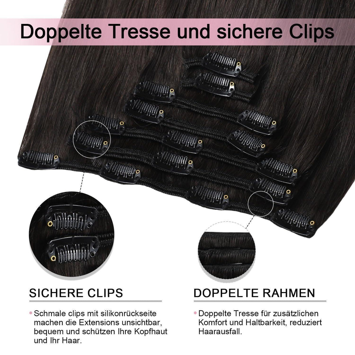 Clip-in Haarverlängerung Echthaar #1B Schwarz 45cm 120g