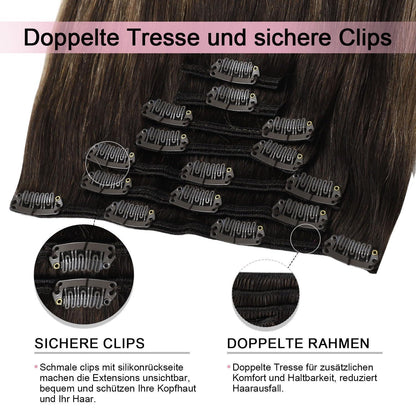 Clip-in Haarverlängerung Echthaar Dunkelbraun #2/6/2, 35cm