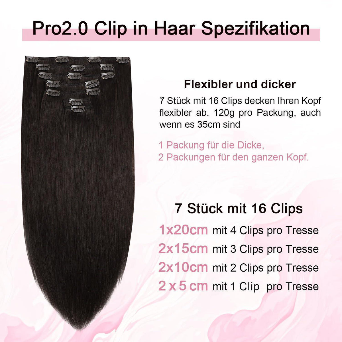 Clip-in Haarverlängerung Echthaar Dunkelbraun #2 – 35cm