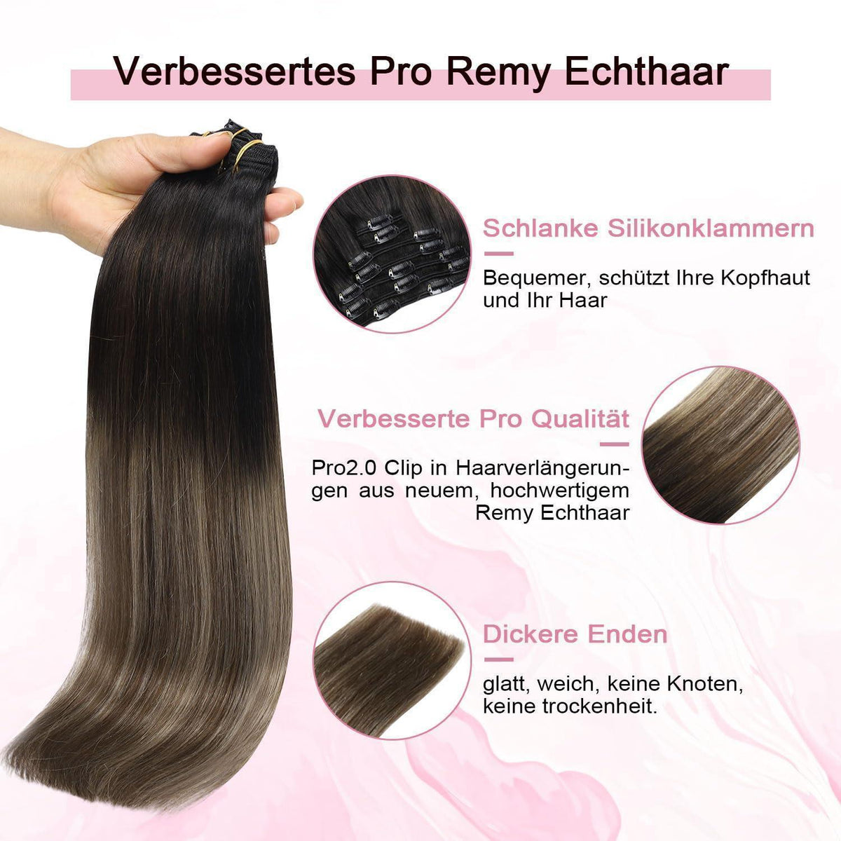 Remy Echthaar Clip-Ins #1B/4/27 Balayage 40cm
