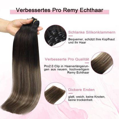Remy Echthaar Clip-Ins #1B/4/27 Balayage 40cm