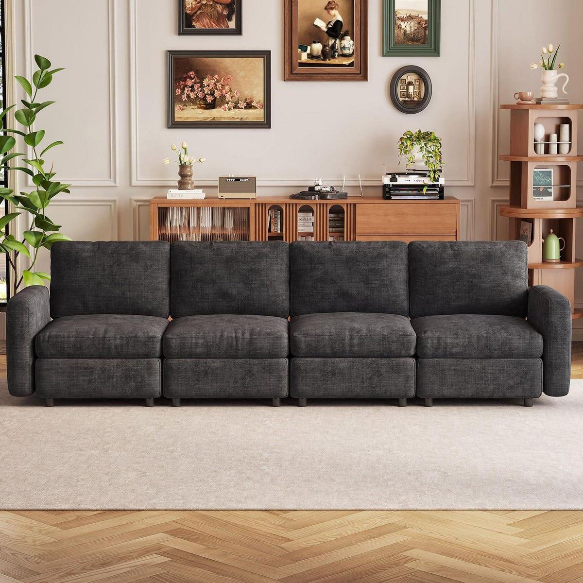 Modulares Samtsofa mit Stauraumhocker – Flexibles Wohnzimmer Sofa