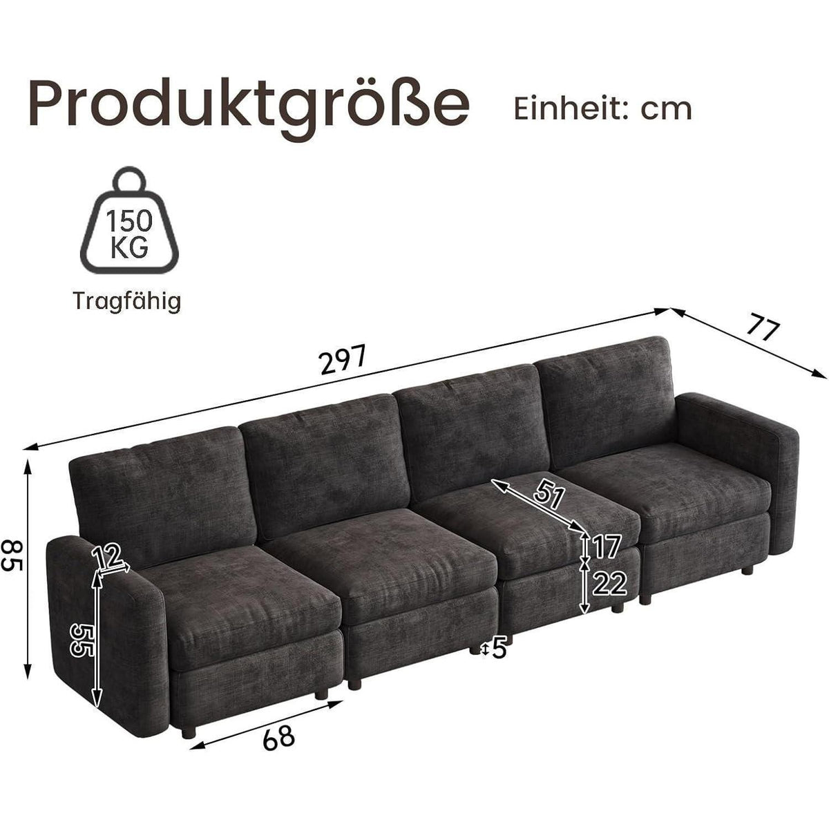 Modulares Samtsofa mit Stauraumhocker – Flexibles Wohnzimmer Sofa