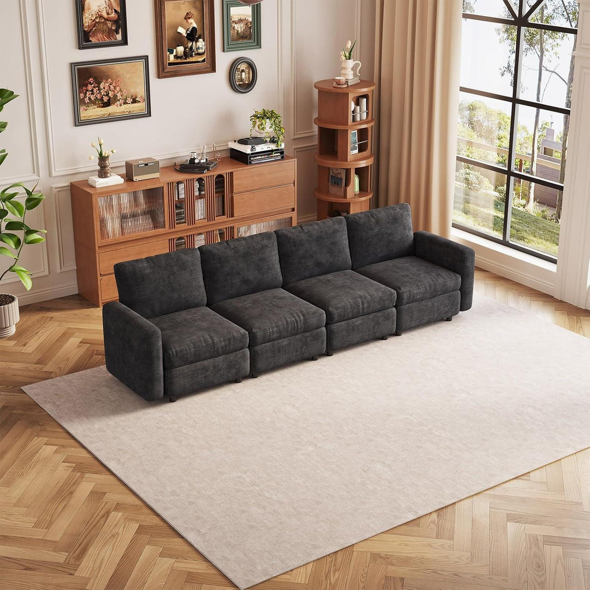 Modulares Samtsofa mit Stauraumhocker – Flexibles Wohnzimmer Sofa