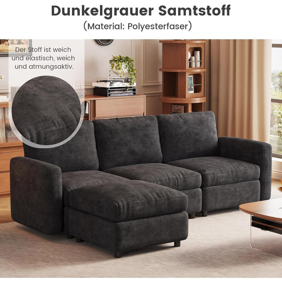 Modulares Samtsofa mit Stauraumhocker – 4-Sitzer Couch