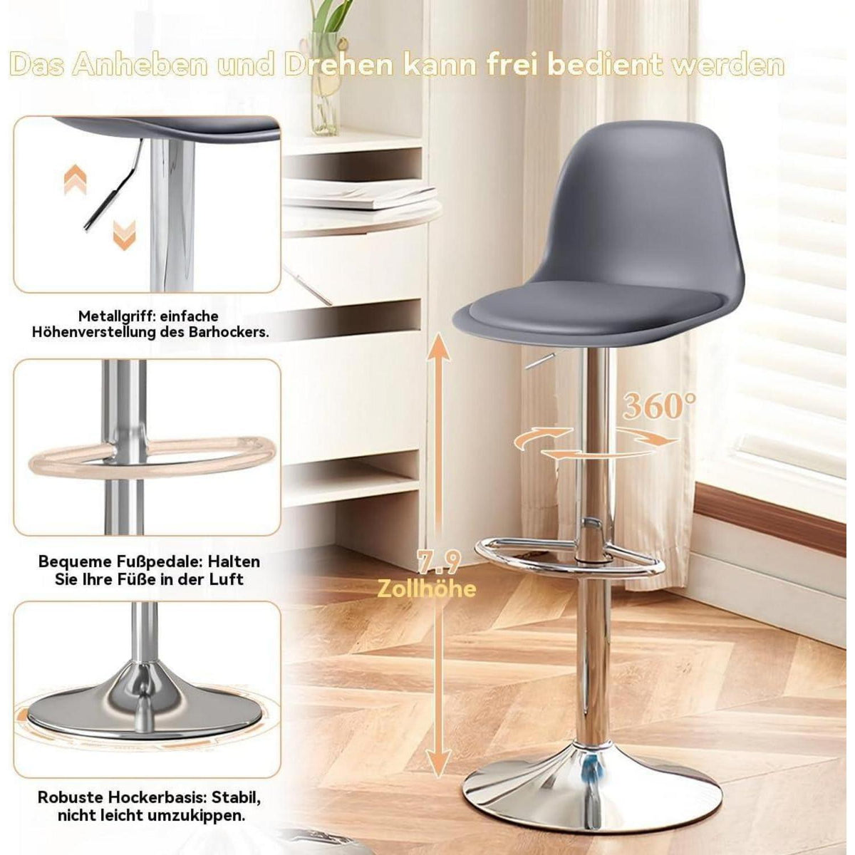 Modernes Barhocker-Set (4x Grau) – Höhenverstellbar & Drehbar